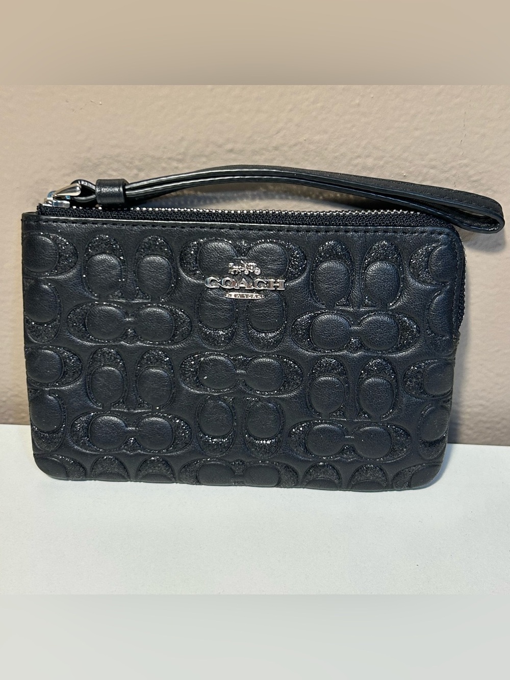 Coach F80214 Corner Zip Wristlet Signature Leather Small Sparkle Shimmer Black